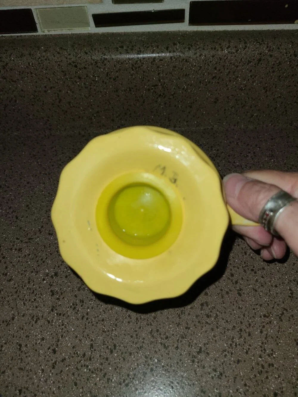 Vintage Ceramic Parmesan Cheese Shaker Yellow Black Mid Century Modern Signed MB